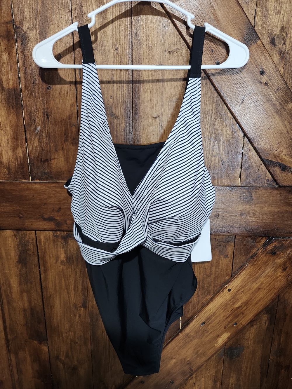Striped Black & White One-Piece Swimsuit with Twist Front
